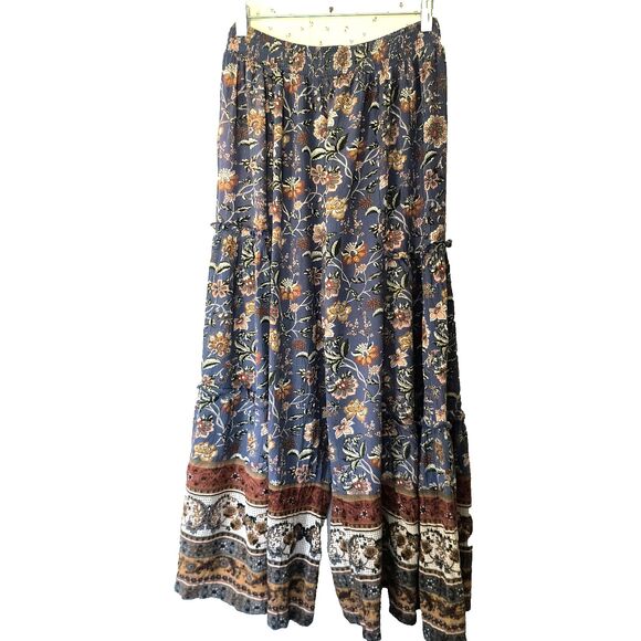 ANGIE Wide Leg Crop Pants S Blue & Multicolor Floral Pull-On Palazzo Boho Beachy - Picture 1 of 16